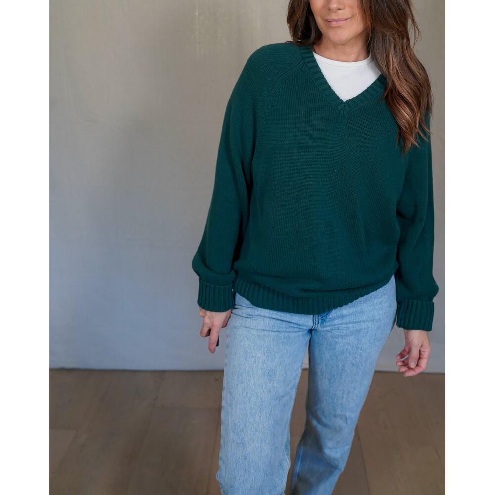 Forest Green V-Neck Cotton Sweater / Slouchy Classic / Lands’ End